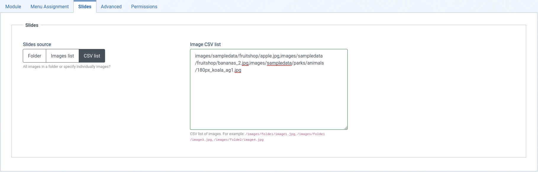 Joomla!LABS - Swiper Slider backend configuration Slides CSV