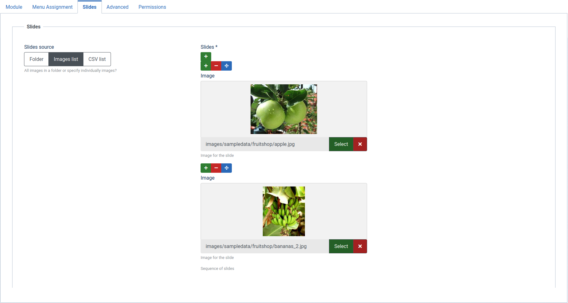 Joomla!LABS - Swiper Slider backend configuration Slides Image list